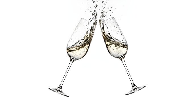 Two elegant champagne flutes toasting in preparation for a festive New Year's Eve celebration