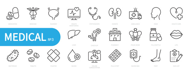 Medical icon set. Medication, ambulance, blood, check-up, pharmacy, pills strip, blood bag, tablets, plaster, health monitoring, stethoscope, medicine, sick, etc. Vector illustration. Editable stroke.