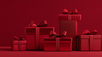 Fototapeta premium Minimal Red Christmas Gift Box on Red Background 3D Render Holiday Sale Concept