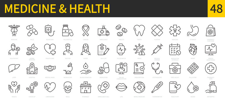 Medicine & health icon set. Medical, cancer, ambulance, doctor, nurse, cardiogram, pharmacy, stethoscope, hospital, first aid kit, pills strip, medication, etc. Vector illustration. Editable stroke.