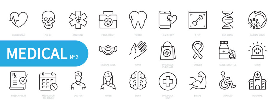 Medical icon set. Cardiogram, first aid kit, medicine, hospital, medical mask, doctor, nurse, pharmacy, cancer, tablets bottle, x-ray,disabled, prescription, etc. Vector illustration. Editable stroke.