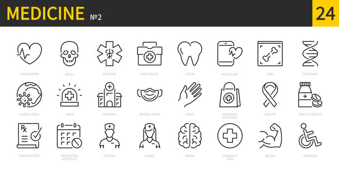 Medicine icon set. Cardiogram, first aid kit, medical, hospital, medical mask, doctor, nurse, pharmacy, cancer, tablets bottle, x-ray,disabled, prescription, etc. Vector illustration. Editable stroke.