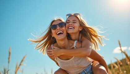 Two happy young blonde women laughing while enjoying a piggyback ride under bright summer sunlight