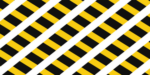 Warning tape with yellow and black diagonal stripes. Warn stop seamless line. Yellow and black caution tape border.