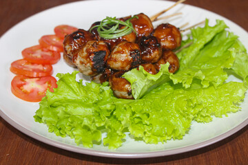 Close-up of Indonesian Bakso Bakar Skewers Appetizer