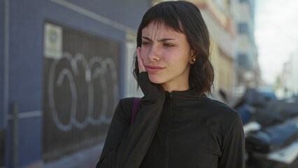 Young hispanic woman in black zippered jacket with hand on cheek for toothache grimacing on city...