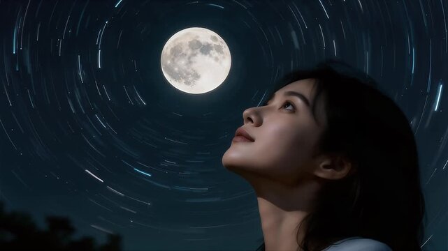 Mujer mirando hacia arriba con densos y dramáticos rastros estelares en el cielo nocturno