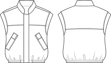 Utility sleeveless vest flat sketch with stand collar, angled pockets, ribbed hem detailing, technical fashion outline, CAD drawing vector illustration