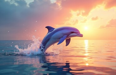 Fototapeta premium Playful dolphin leaps from ocean water creating splash during colorful sunset. Bubbles rise around aquatic mammal against pastel sky. Marine life enjoys freedom at serene sea.