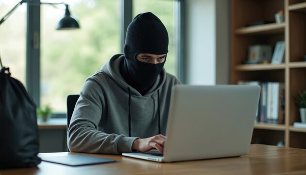 Person wearing mask works on laptop. Hacker is sitting at desk in modern office. Cybercrime identity theft concept. Illegal activity and security risk.