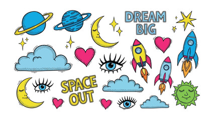 Fototapeta premium Cosmic Dreams: A vibrant collection of celestial objects and motivational phrases, perfect for sparking imagination and inspiring aspirations.
