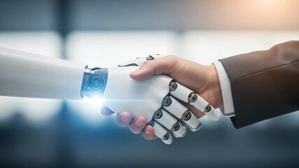 a handshake between a human hand in a business suit and a robotic hand, symbolizing partnership and technological advancement, with a subtle glow emanating from the robot's palm, set against a blurred - Powered by Adobe