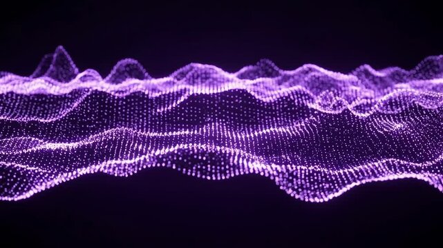 Abstract purple waveform emanating as digital mesh, illuminating technology background. Purple waveform shows virtual data streams, perfect for visual representations.
