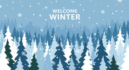 Flat vector wallpaper of snowy pine forest with falling snowflakes and calm winter silhouettes. Ideal for seasonal backgrounds, winter décor, greeting cards, and holiday designs