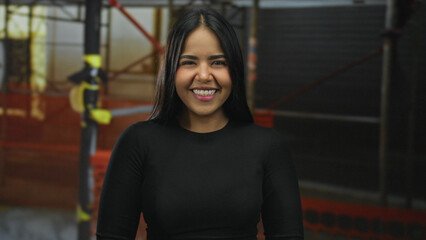 Woman smiling at a construction site emphasizes a vibrant presence in an industrial environment underlining her confident stance.