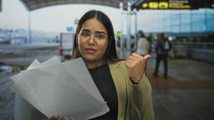 Woman with thumb proudly pointing toward airport gate while young latin hispanic passenger in...