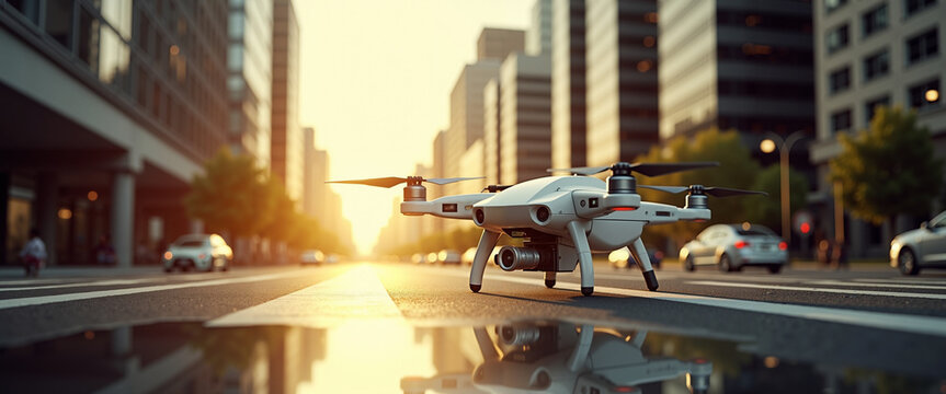 Drone flying over cityscape at sunset with skyscrapers in background   - Powered by Adobe