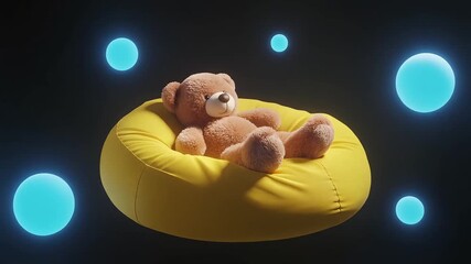3D rendered cuddly teddy bear relaxing peacefully on a large yellow beanbag chair, surrounded by floating blue neon spheres, perfect for children's marketing and sleep concept presentations. - Powered by Adobe