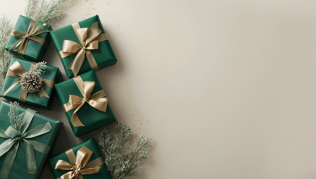 Background Emerald-Green Holiday Gifts with Gold Ribbons
