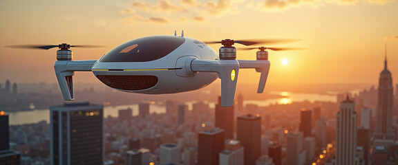 Futuristic drone flying above city skyline during sunset  