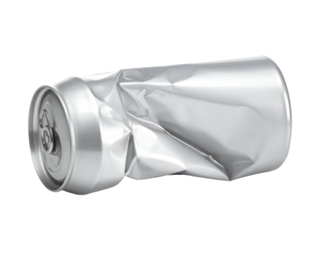 Crushed aluminum drink can lying on its side with shiny dented surface on isolated background