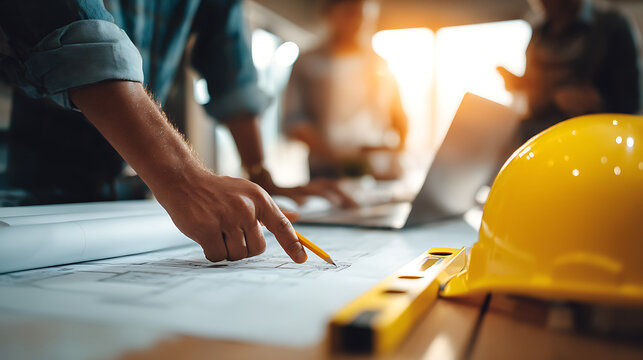 Architects reviewing blueprints with yellow hard hat and level architecture planning - Powered by Adobe