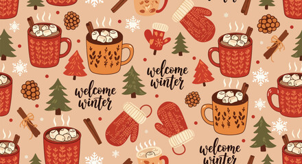 Flat vector winter wallpaper with mugs, marshmallows, cinnamon sticks, and cozy treats. Ideal for warm seasonal décor, café branding, packaging, and festive backgrounds