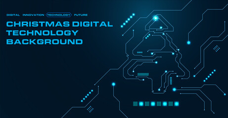 Digital Christmas-themed background with vibrant blue circuitry visuals.