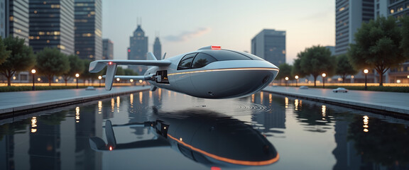 Futuristic flying car hovering over water in modern cityscape