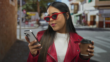 Woman outdoors drinking coffee holding smartphone wearing sunglasses and red jacket on street...