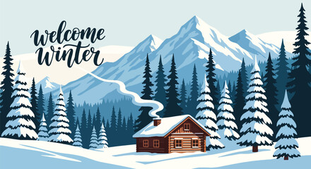 Flat vector winter cabin scene with snowy mountains, pines, and chimney smoke. Ideal for travel graphics, winter backgrounds, greeting cards, and cozy seasonal décor