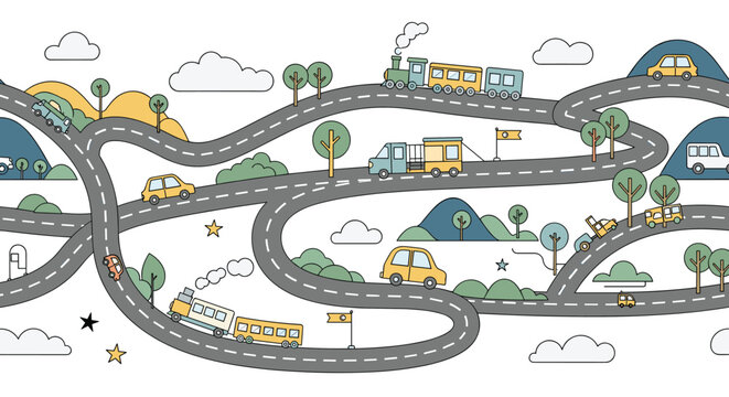 Children's illustration of a winding road with cars, trains, and abstract landscapes. - Powered by Adobe