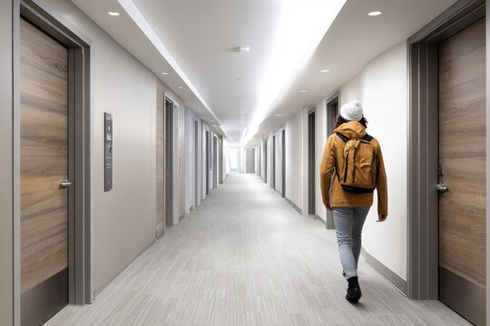 A student seen from behind, walking down a long, modern student housing hallway with a minimalist design, symbolizing residence life, transition, and education