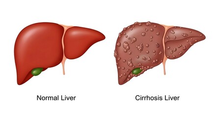 A 2d illustration of the difference between a normal liver and a liver having cirrhosis.