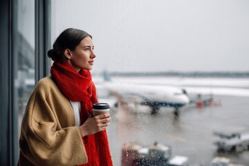 A young woman standing near a rainy airport window with a cup of coffee, looking out at an airplane on the tarmac, symbolizing travel, waiting, and winter journey