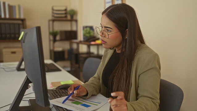 Woman working at a computer in an office, analyzing documents with visible focus in a modern workplace setting.