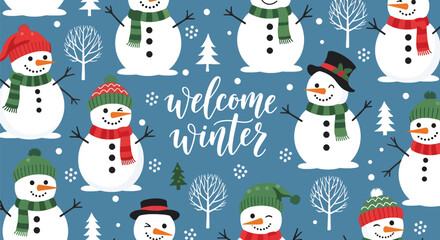Flat vector wallpaper with snowmen wearing hats and scarves among winter elements. Ideal for Christmas cards, festive décor, wrapping paper, and family-friendly seasonal art