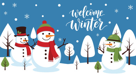 Flat vector wallpaper with snowmen wearing hats and scarves among winter elements. Ideal for Christmas cards, festive décor, wrapping paper, and family-friendly seasonal art