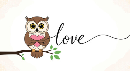 Fototapeta premium Cute cartoon owl holding a pink heart on a branch with the word love.