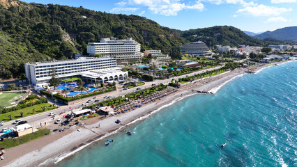 Aerial drone photo of famous seaside area of Ixia popular for luxury hotels and resorts in island of Rhodes, Dodecanese, Greece