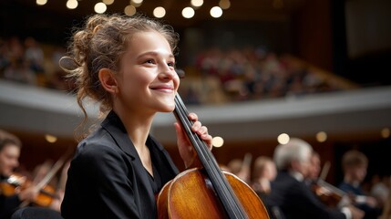 Fototapeta premium Proudly smiling young female cello player looking up during a performance in a large, dimly lit concert hall with an audience and orchestra in the background