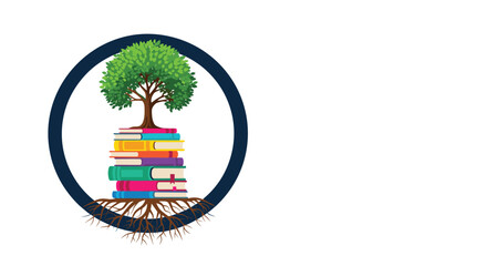 Illustration of a tree growing from a stack of colorful books inside a dark blue circle.