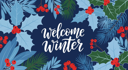 Flat vector botanical wallpaper with holly leaves, pine branches, and berries. Ideal for winter packaging, stationery, seasonal décor, and festive background designs