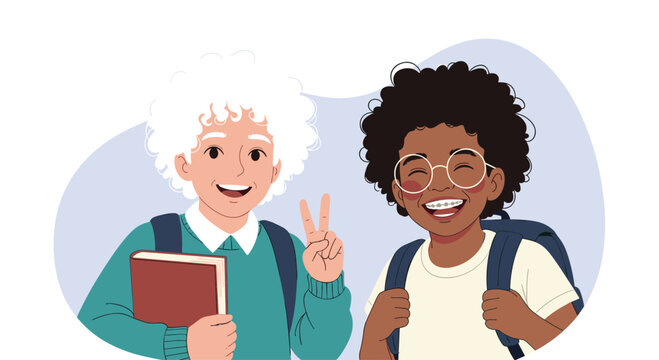 Two happy and diverse school boys with backpacks smiling together one making a peace sign showing friendship and education.