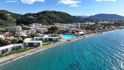 Aerial drone photo of famous seaside area of Ixia popular for luxury hotels and resorts in island of Rhodes, Dodecanese, Greece