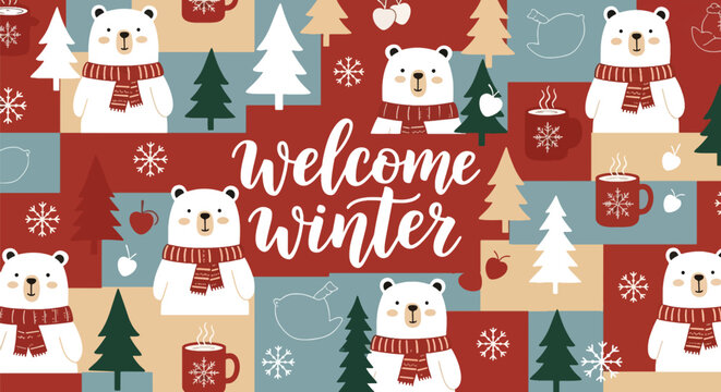Flat vector wallpaper featuring adorable winter bears wearing scarves with tiny snowflakes. Ideal for children’s décor, apparel prints, packaging, and cozy winter themes