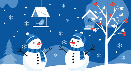 A charming winter scene with two happy snowmen bird feeders and falling snow set against a peaceful dark blue background.