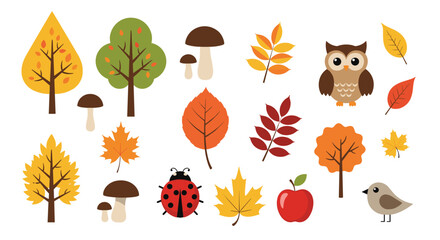 A cute collection of autumn forest elements including trees leaves an owl mushrooms and a ladybug isolated on a white background.