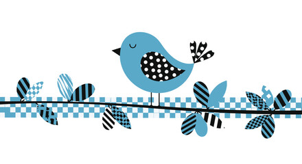 A cute and stylized blue bird with patterned wings sitting on a branch with abstract leaves against a white background.