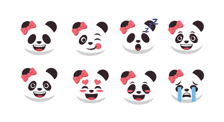 A collection of eight cute panda girl emoji faces with a pink bow showing a variety of expressions like happy love and sad.